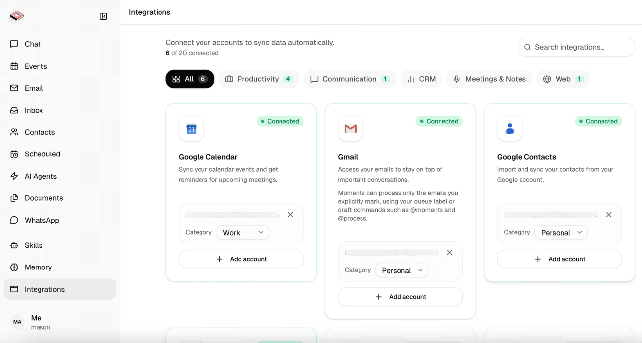 Moments AI integrations dashboard